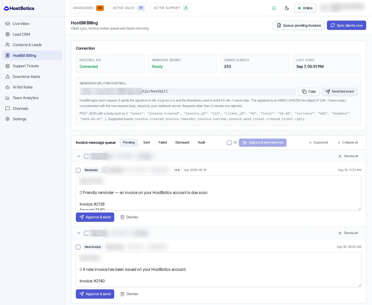 HostBill Billing screen showing the connection status, linked clients and the invoice message queue awaiting approval