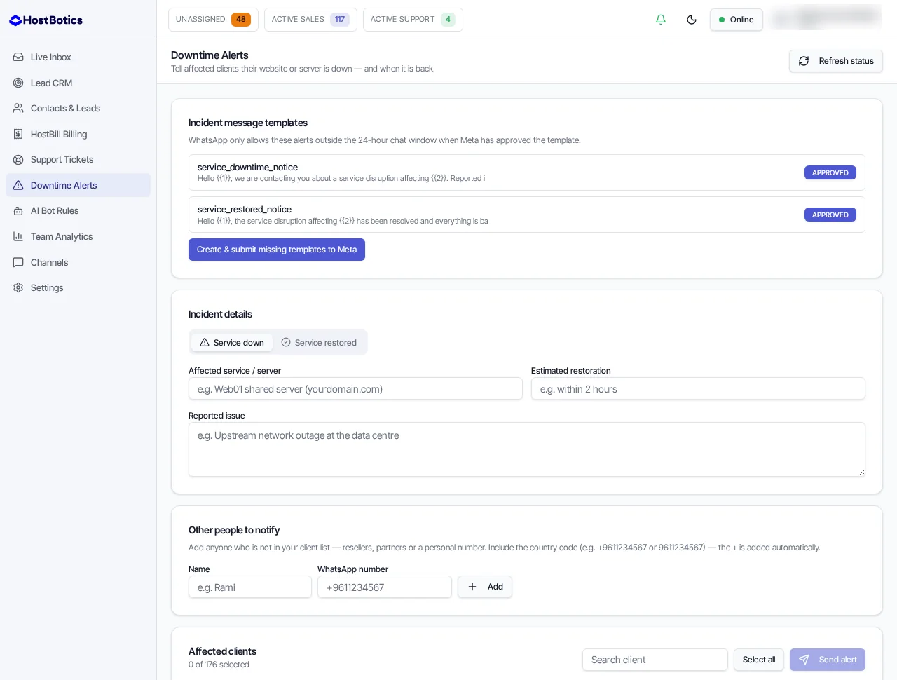 Downtime Alerts screen with approved incident templates, incident details and an affected-clients selector